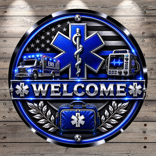a welcome sign with a blue star of life symbol, flanked by an ambulance and a medical device, all set against a wooden background.