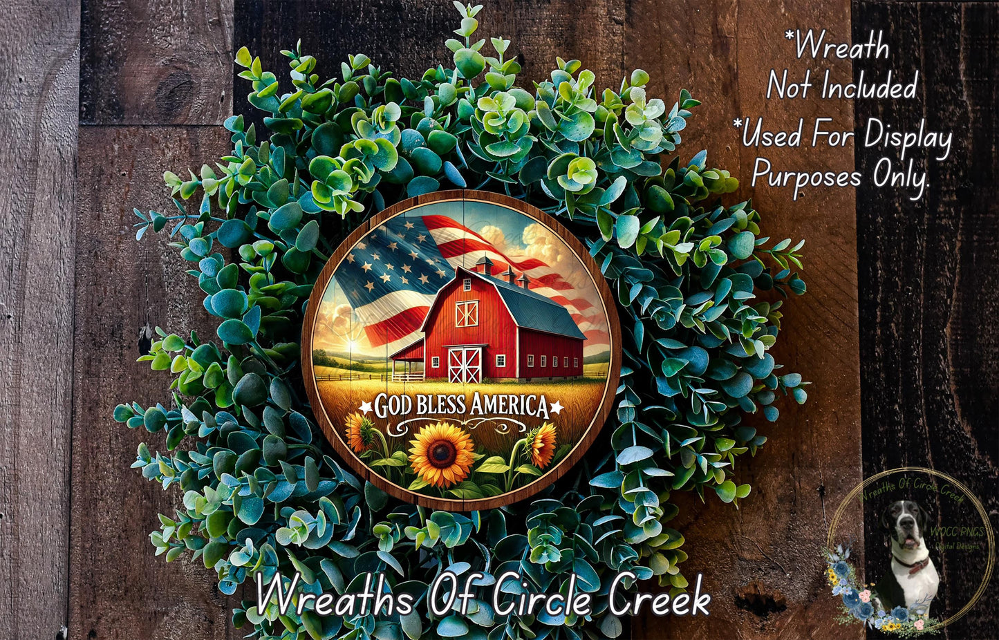 a wreath with a picture of a barn and sunflowers