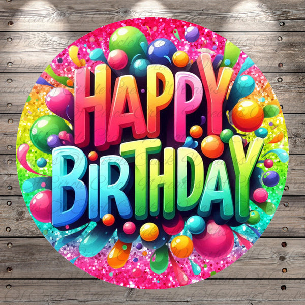 A colorful and vibrant birthday greeting with the text "Happy Birthday" surrounded by various colorful balloons and shapes.