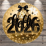 A circular design with a disco ball and stars, surrounded by the text "Hello 2016" in a stylized font.