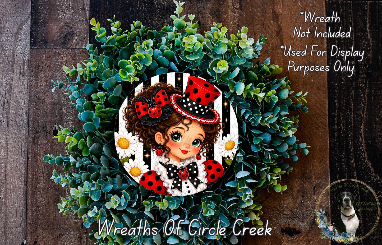 A wreath featuring a cartoon girl with curly hair and a red and white hat, surrounded by green foliage and flowers.