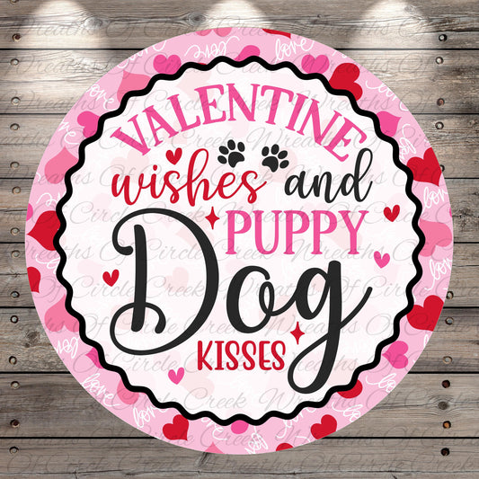 The image is a circular graphic with a pink and white color scheme, featuring a message about Valentine's Day wishes for a puppy dog.