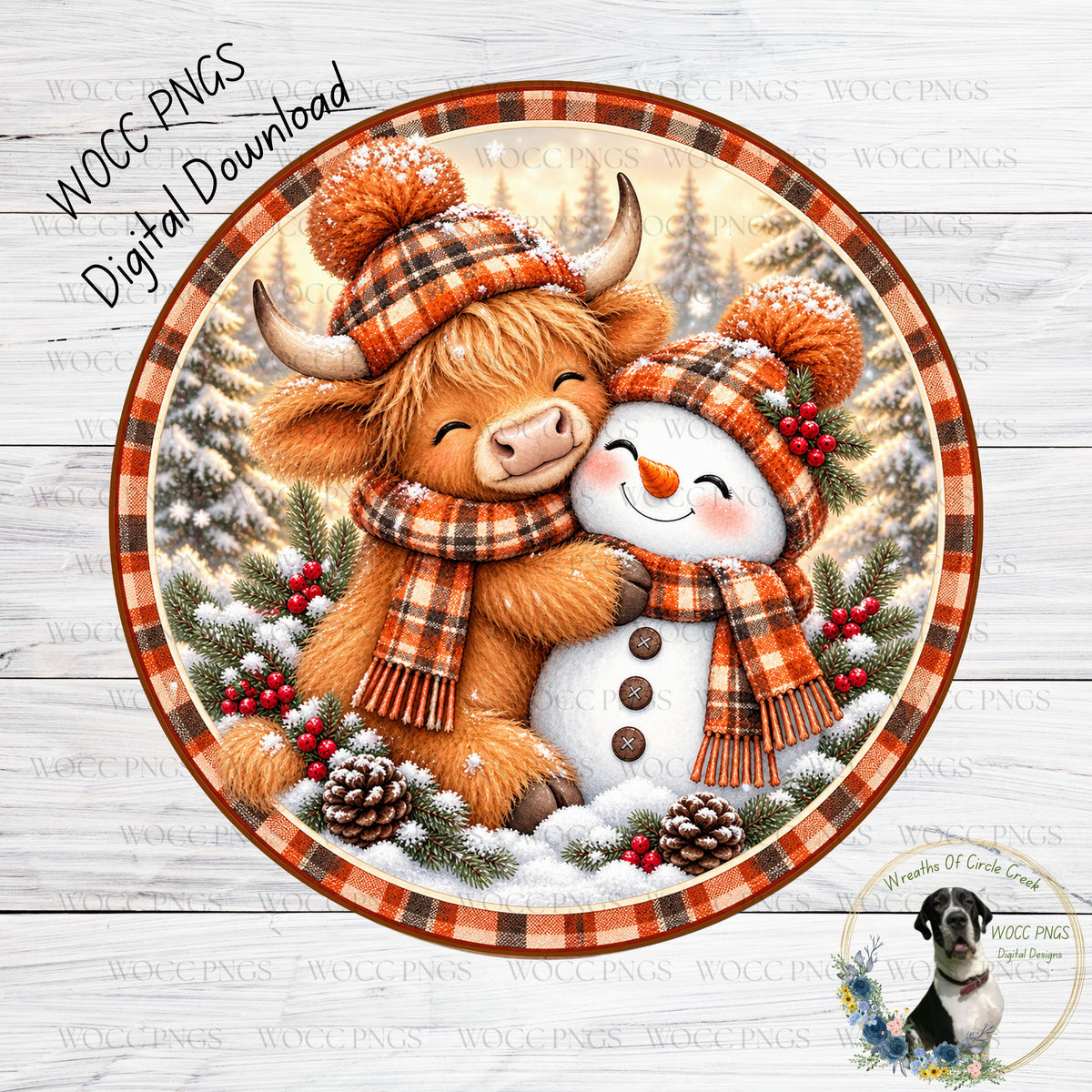 A snowman and a cow are hugging in a snowy winter scene, surrounded by pine trees and berries.