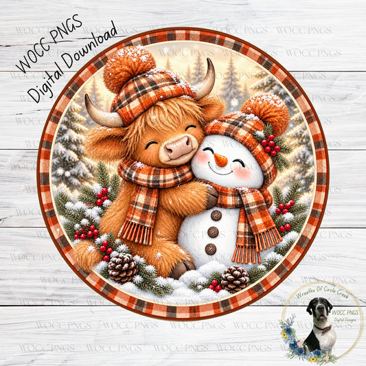 A snowman and a cow are hugging in a snowy winter scene, surrounded by pine trees and berries.