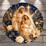 a religious scene with a nativity scene, featuring a shepherd, a baby, and a baby Jesus. The scene is surrounded by flowers and greenery, creating a serene and peaceful atmosphere.