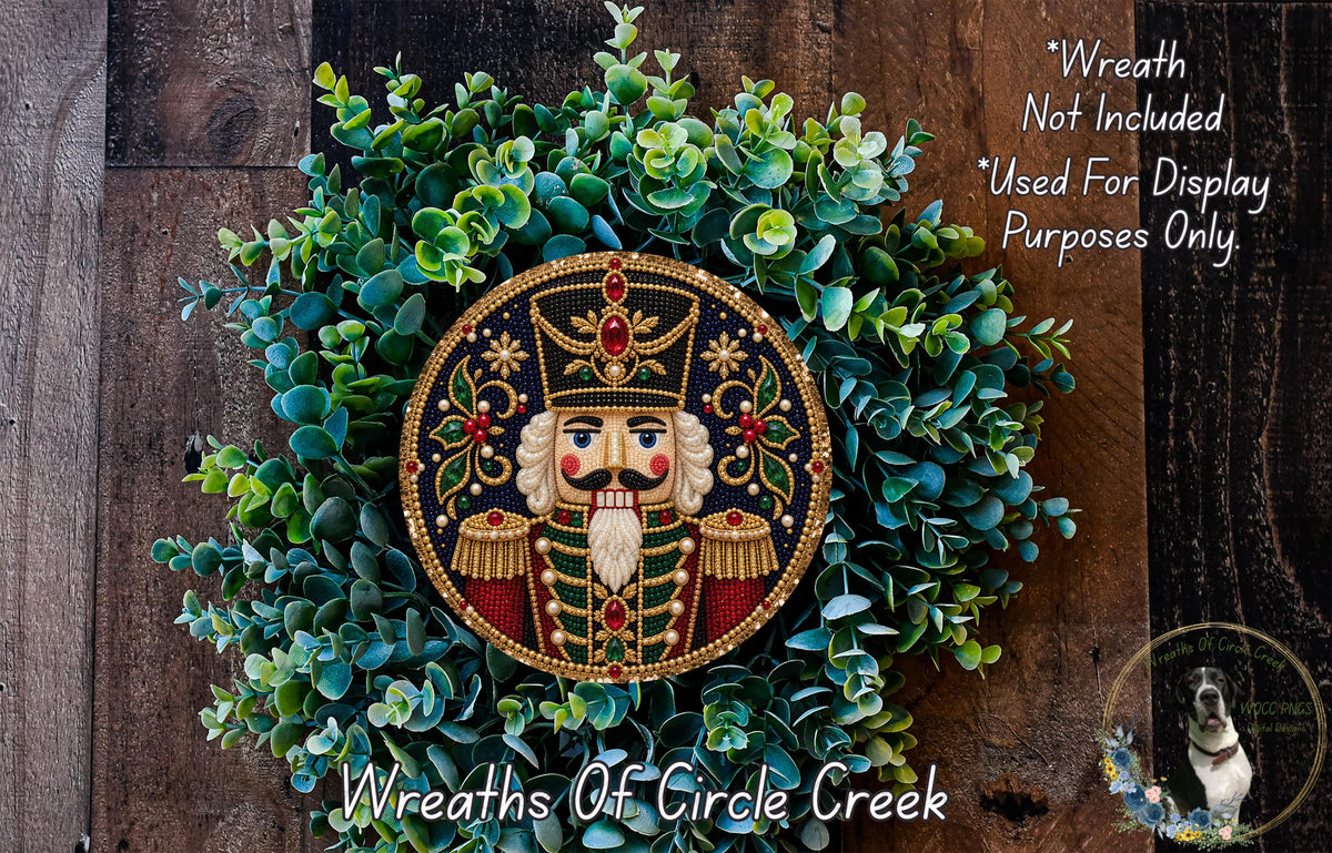 A wreath featuring a nutcracker nutcracker design surrounded by greenery, with a caption stating that the wreath is not included in a display and is used for purposes only.