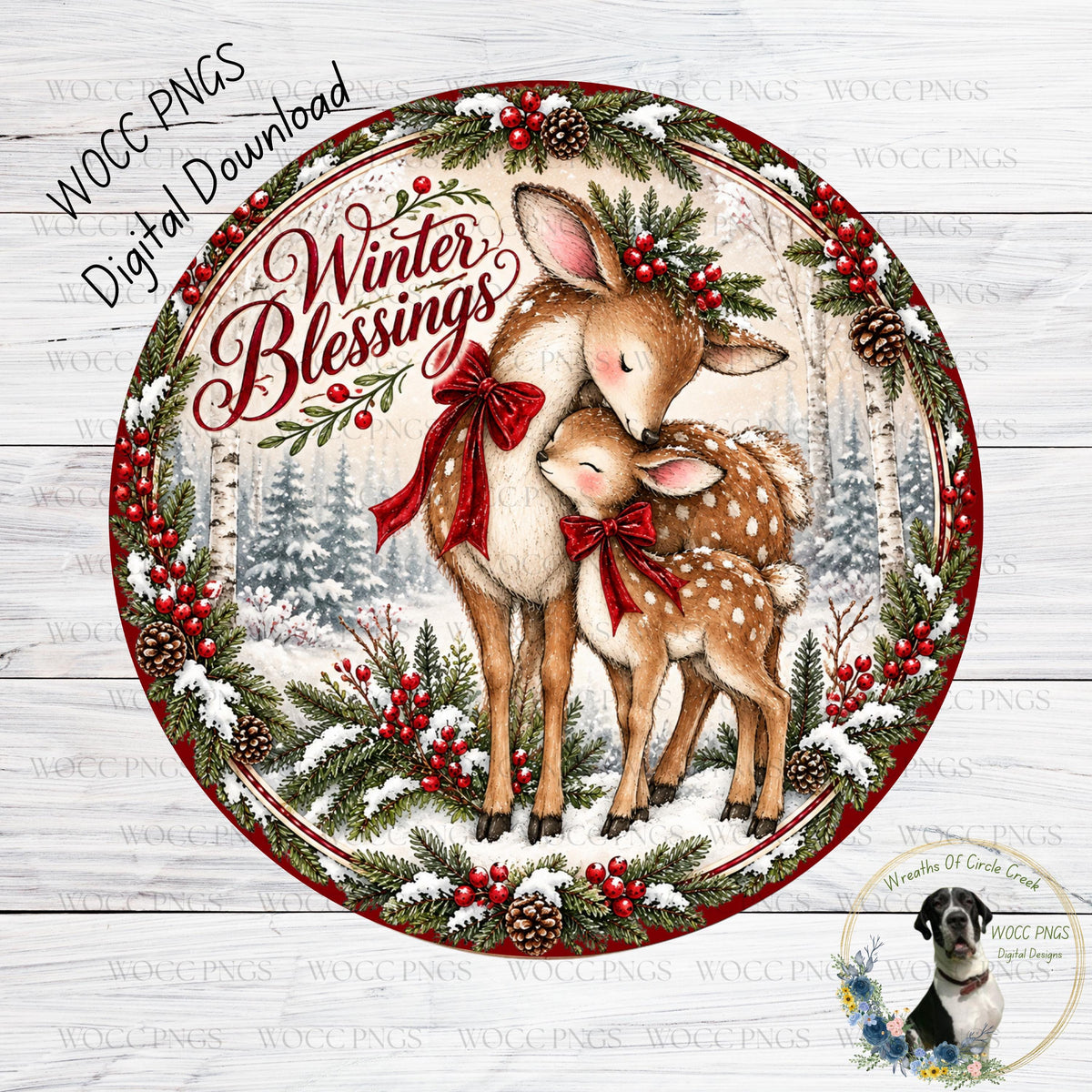 A digital illustration of a deer and a fawn standing together in a snowy forest, with a wreath of berries and pine cones around them. The text "Winter Blessings" is written above the deer, and there is a small dog in the bottom right corner.