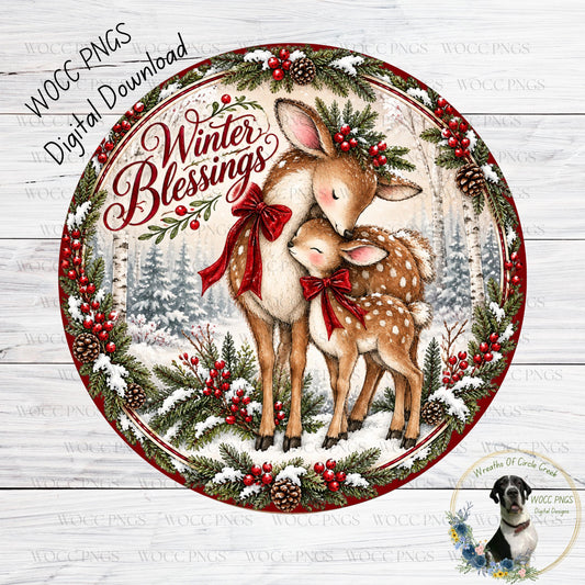 A digital illustration of a deer and a fawn standing together in a snowy forest, with a wreath of berries and pine cones around them. The text "Winter Blessings" is written above the deer, and there is a small dog in the bottom right corner.