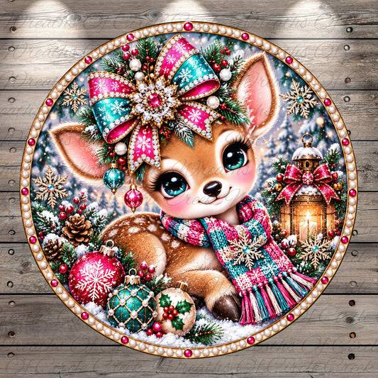 A festive Christmas-themed illustration featuring a cute deer wearing a colorful scarf and surrounded by various holiday decorations such as ornaments, a lantern, and snowflakes.