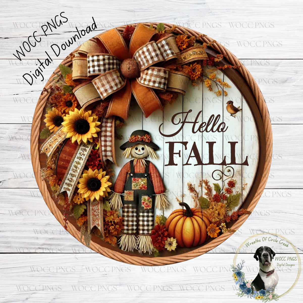 a fall wreath with a scarecrow and sunflowers