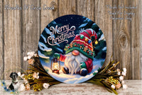 A round Christmas wreath with a gnome holding a lantern, surrounded by flowers and a wooden background.