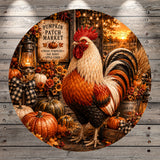 Pumpkin Patch Rooster Aluminum Metal Wreath Sign (Lightweight, No Holes)