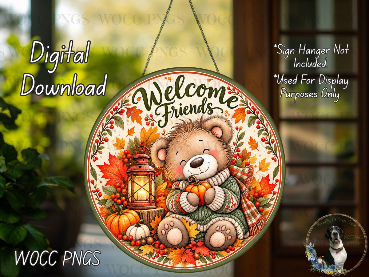 The image is a digital download of a round sign featuring a teddy bear holding a lantern and a pumpkin, surrounded by autumn leaves and pumpkins.
