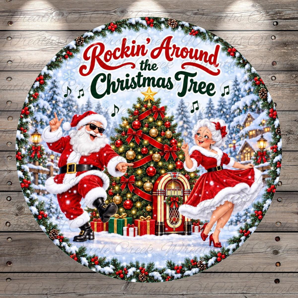 Santa Claus and a woman in a red dress are dancing around a Christmas tree, surrounded by presents and a jukebox.