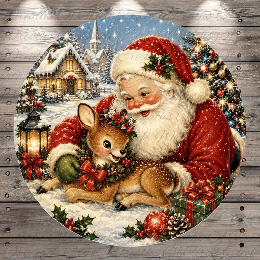 Santa Claus and his reindeer are depicted in a festive winter scene, with a snowy village, Christmas trees, and a lantern in the background.
