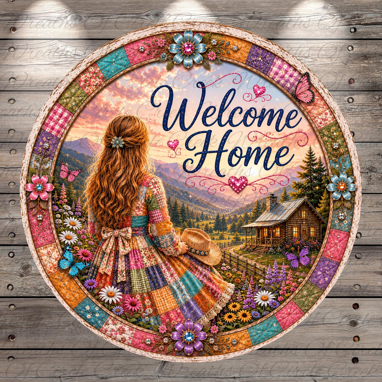 A woman with long, curly hair is sitting in a field, surrounded by a colorful, patchwork-like frame with flowers, butterflies, and a cabin in the background. The text "Welcome Home" is prominently displayed in the center of the frame.