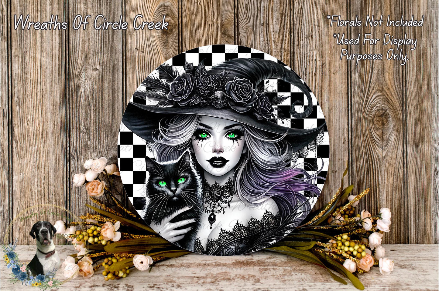 a woman with green eyes and a black cat, surrounded by a floral arrangement and a wooden background.