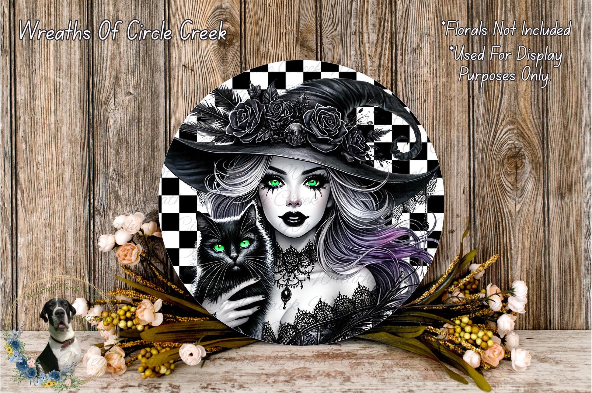 a woman with green eyes and a black cat, surrounded by a floral arrangement and a wooden background.