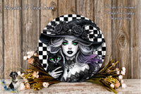 a woman with green eyes and a black cat, surrounded by a floral arrangement and a wooden background.