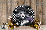 a woman with green eyes and a black cat, surrounded by a floral arrangement and a wooden background.