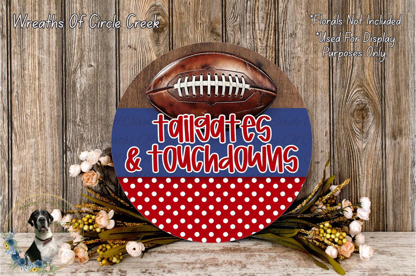 a decorative sign with a football and the words "tailgates & touchdowns" written on it, placed on a wooden surface.