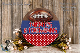 a decorative sign with a football and the words "tailgates & touchdowns" written on it, placed on a wooden surface.