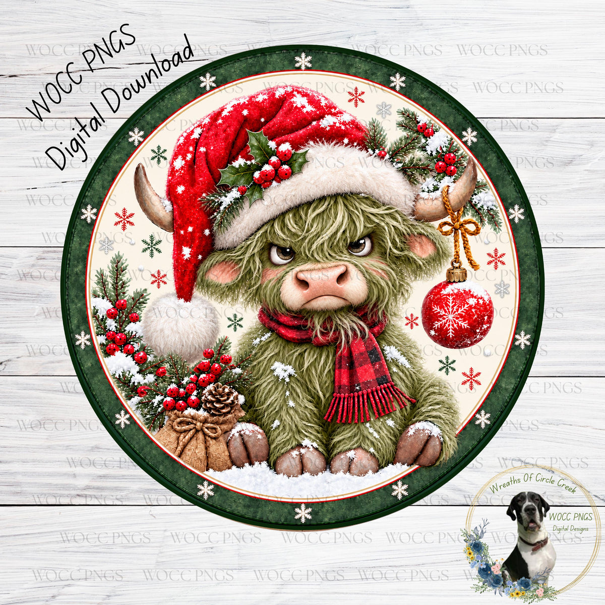 A whimsical illustration of a green cow wearing a red Santa hat and scarf, surrounded by Christmas decorations such as berries, pine cones, and a snowman.