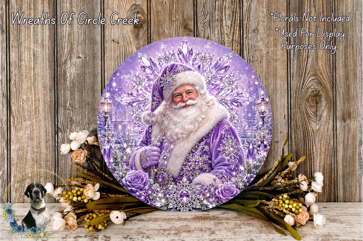 A round, decorative plate featuring a smiling, bearded man dressed in a purple outfit, surrounded by a floral arrangement and a snowy landscape.
