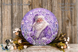 A round, decorative plate featuring a smiling, bearded man dressed in a purple outfit, surrounded by a floral arrangement and a snowy landscape.