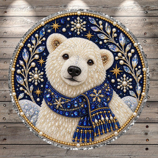 A detailed bead art piece depicting a white polar bear wearing a blue scarf, surrounded by a decorative border of blue and gold beads and snowflakes against a dark blue background.