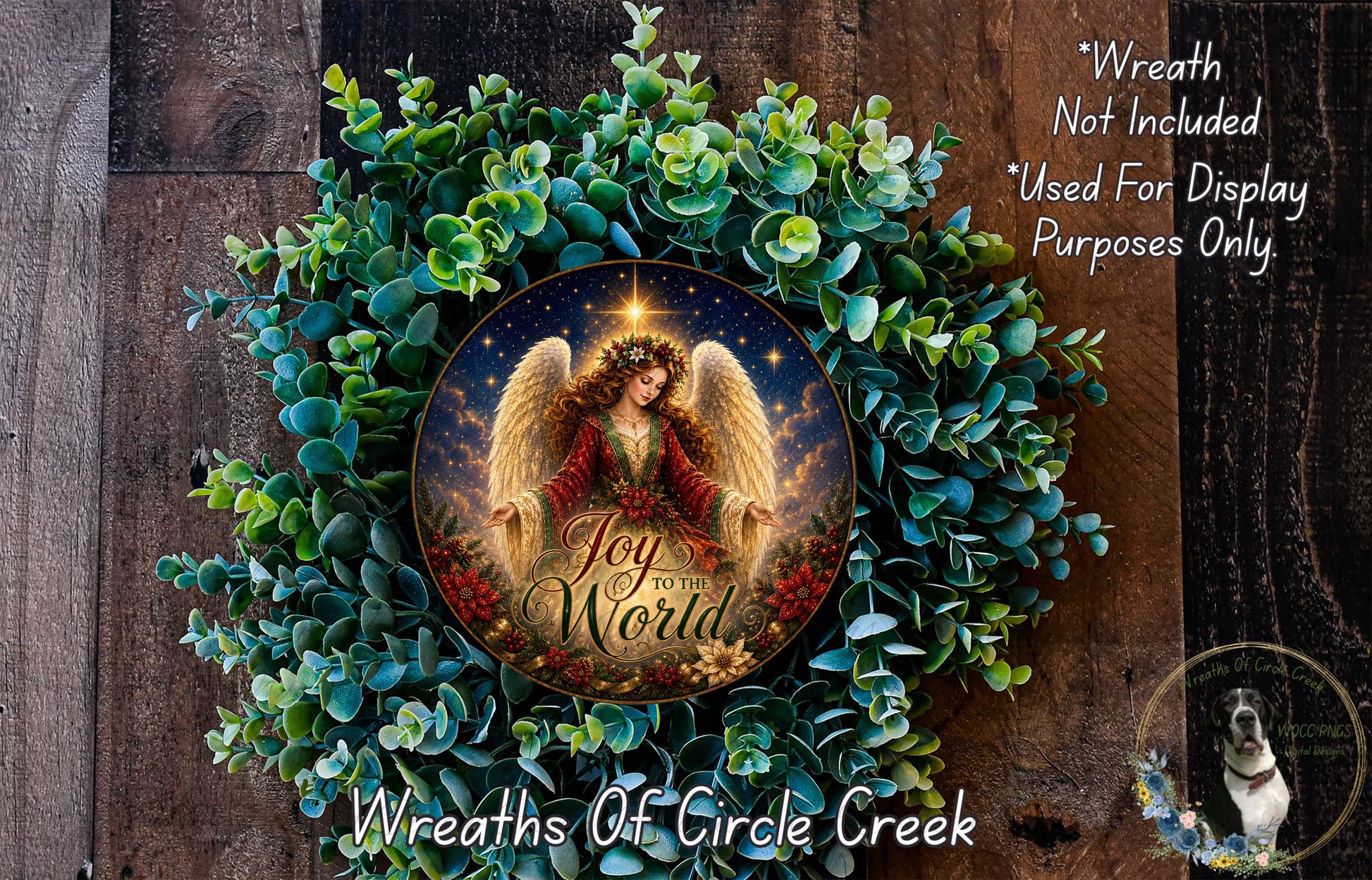 a wreath with a central design of an angel surrounded by greenery and flowers, with the text "Joy to the World" displayed on the wreath.