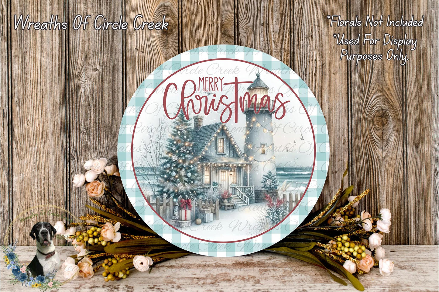 Merry Christmas Lighthouse Wreath Sign | Lightweight Round Metal Wreath Sign | No Holes in Sign | Coastal Holiday Door Decor