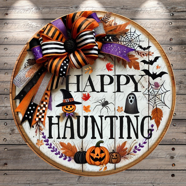 a wooden sign that says happy halloween hanging on a wall