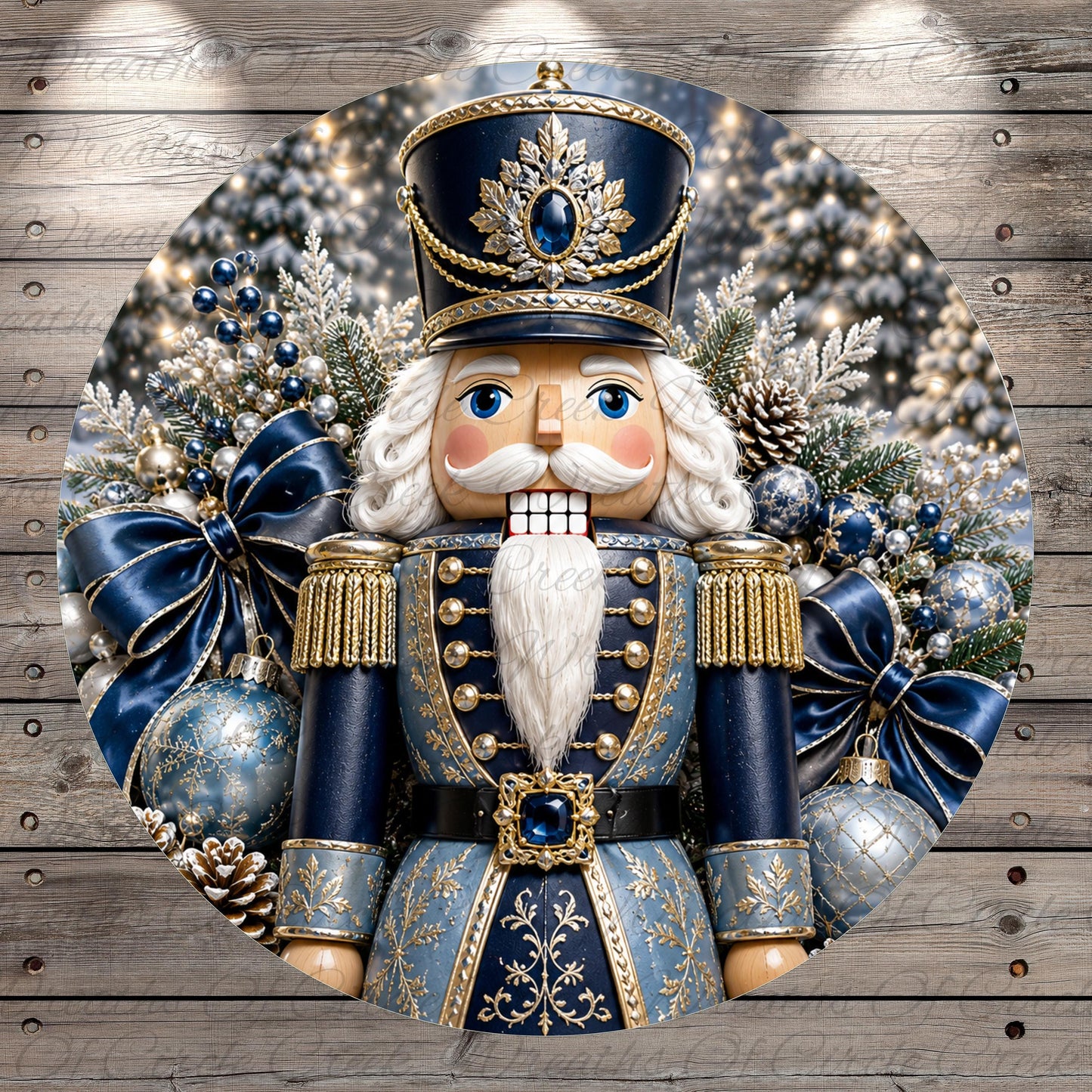 A nutcracker figure surrounded by Christmas decorations, including ornaments, ribbons, and pine cones, against a snowy background.