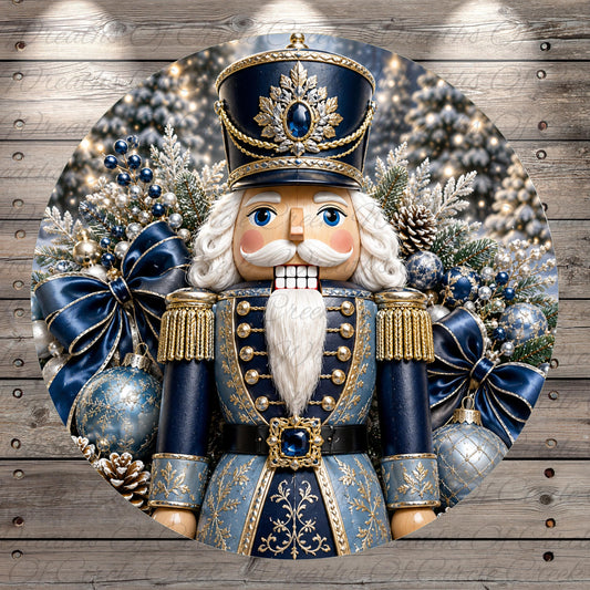 A nutcracker figure surrounded by Christmas decorations, including ornaments, ribbons, and pine cones, against a snowy background.