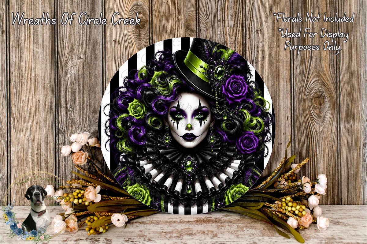 a large, ornate wreath with a woman's face painted on it, surrounded by a variety of colorful flowers and foliage.