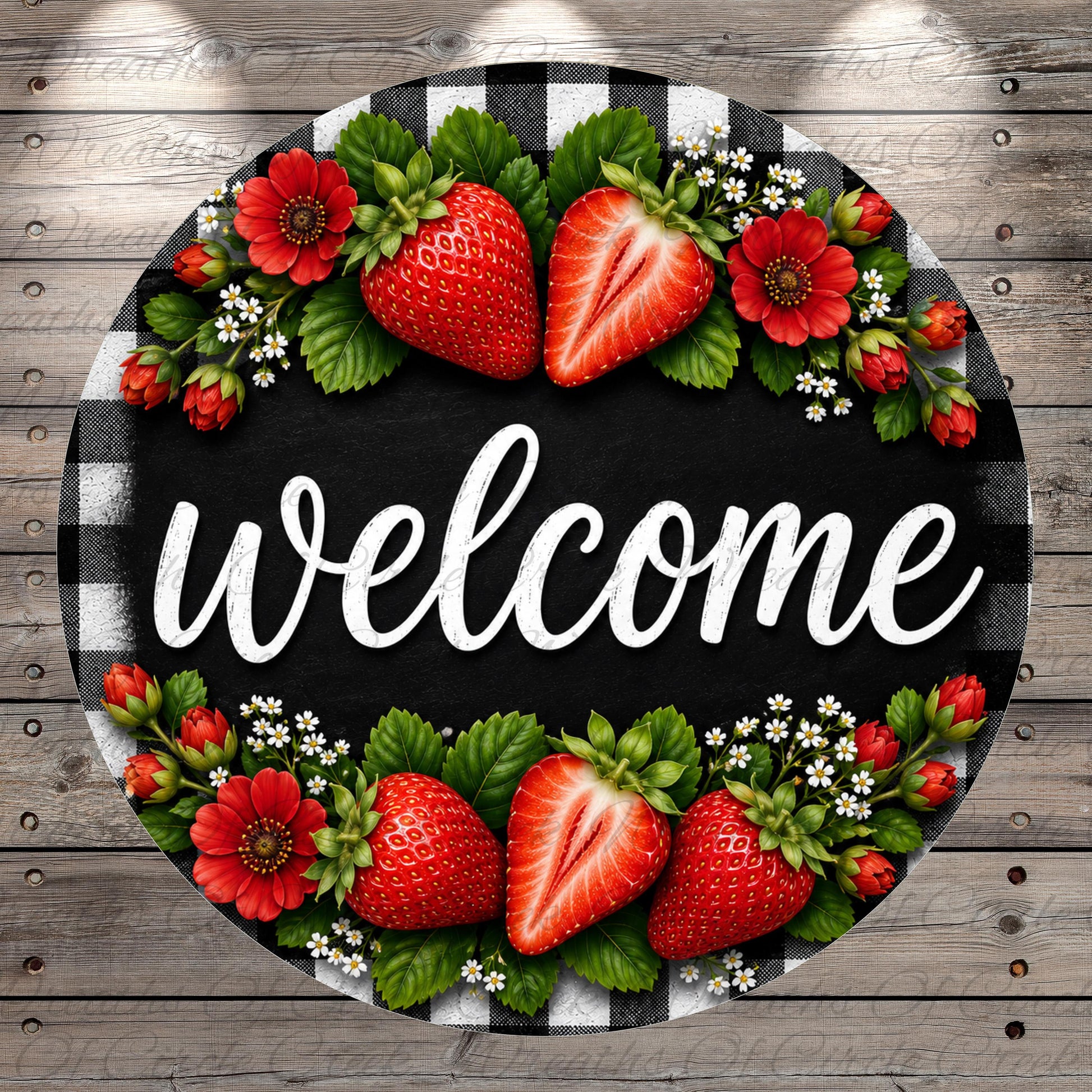 A circular sign with the word "welcome" written on it, surrounded by a floral arrangement of strawberries, red flowers, and green leaves.