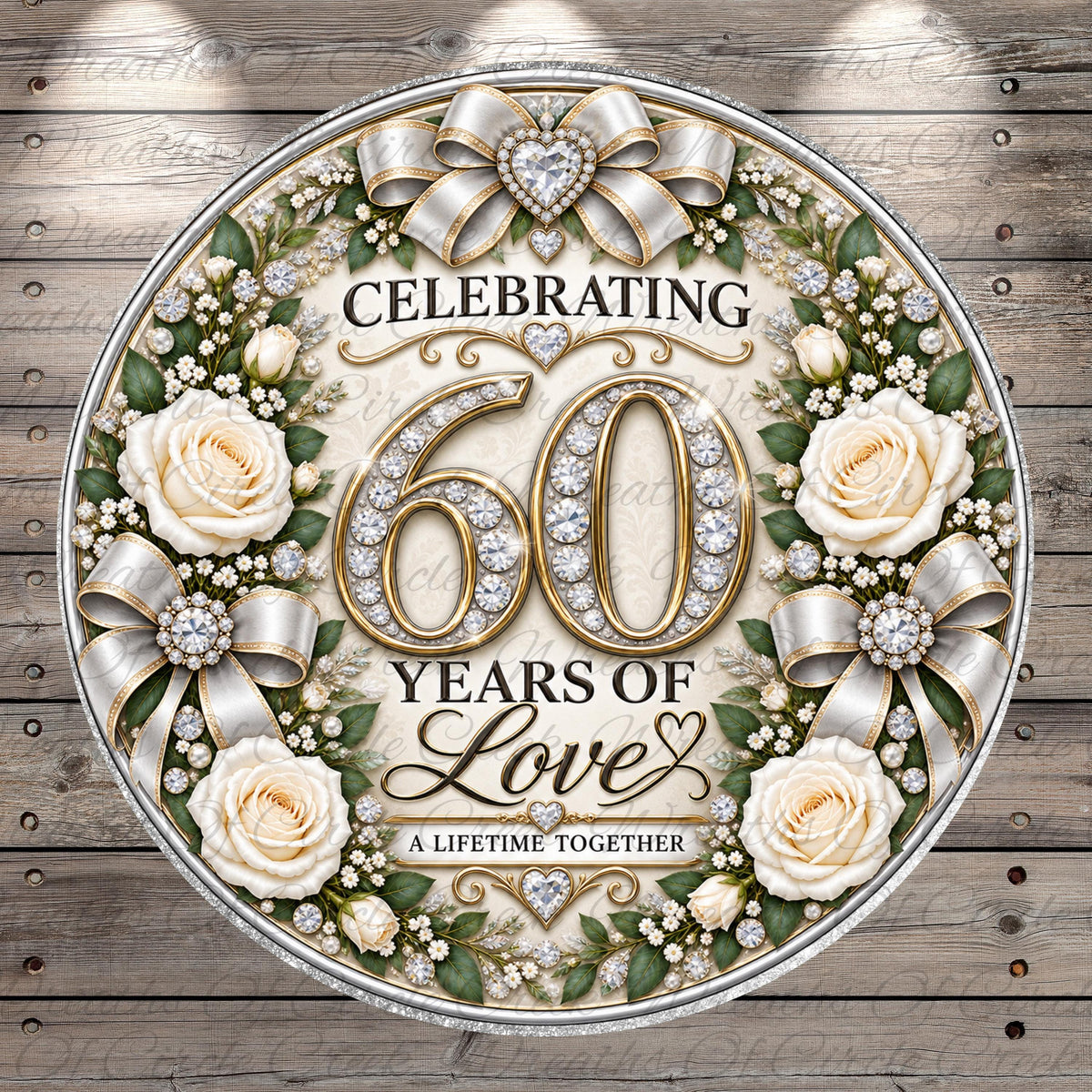 The image is a circular graphic celebrating 60 years of love, featuring a floral wreath, roses, and a large number 60 surrounded by decorative elements.