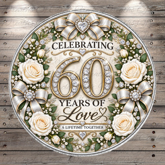 The image is a circular graphic celebrating 60 years of love, featuring a floral wreath, roses, and a large number 60 surrounded by decorative elements.
