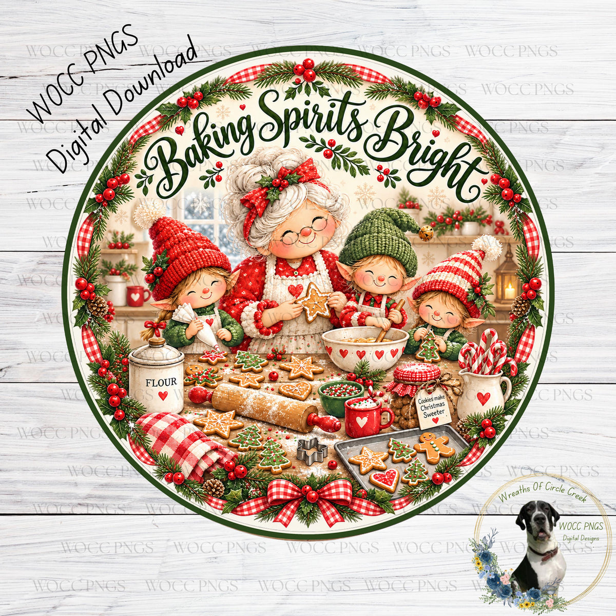 A festive holiday scene featuring a group of people, including a woman and children, baking cookies and other treats around a table filled with various holiday decorations and ingredients.