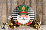 A decorative wreath featuring a nutcracker figure wearing a green hat with a gold leaf, surrounded by a black and white checkered background and a floral arrangement.