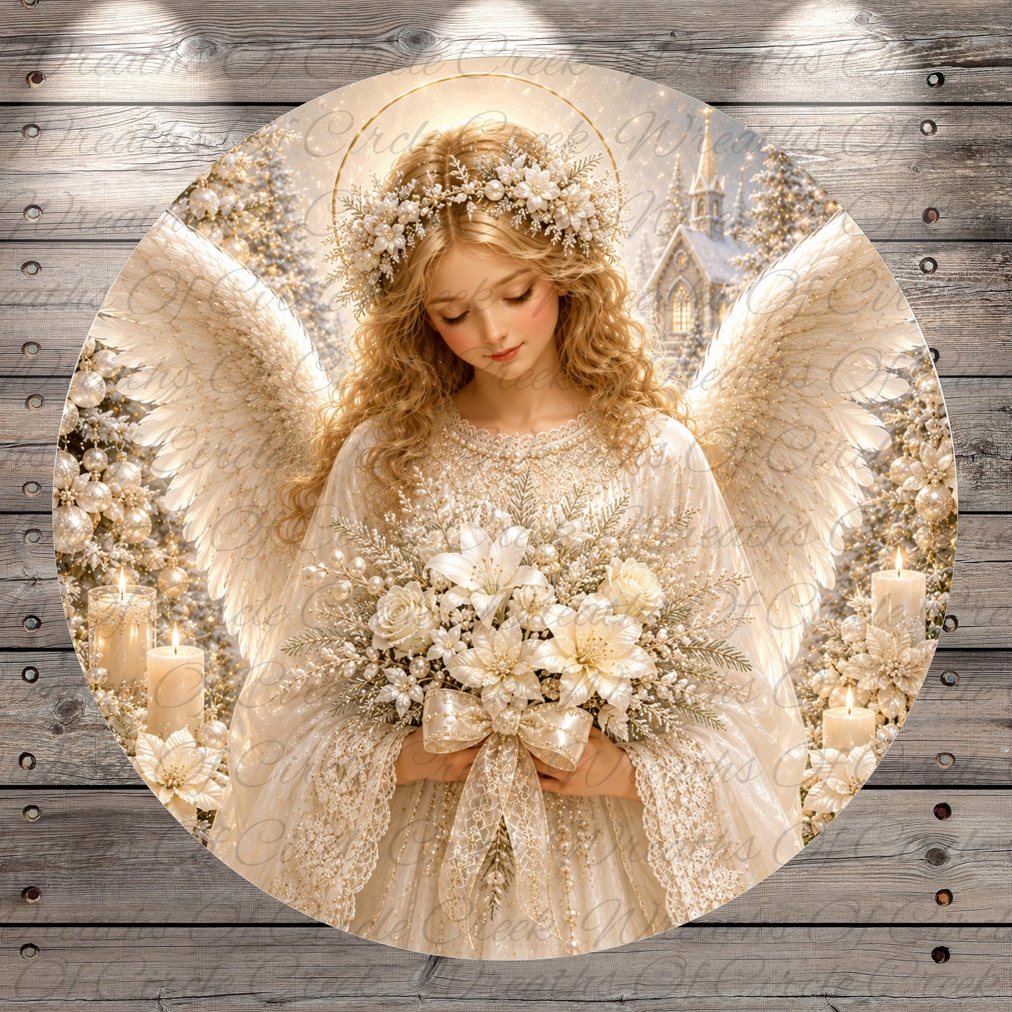 A beautiful angel with long, flowing hair and a halo is holding a bouquet of white flowers, standing in front of a snowy landscape with trees and a church in the background.
