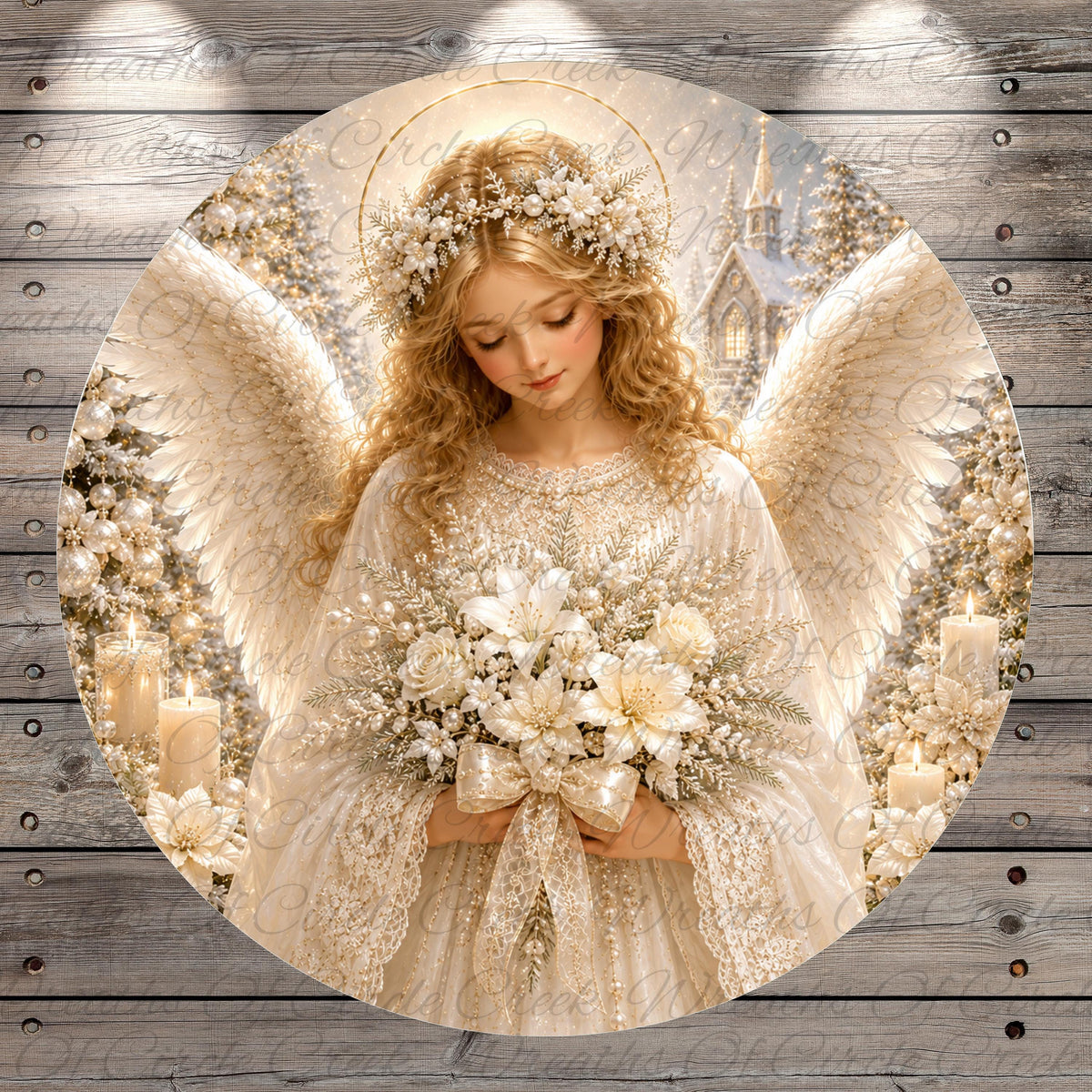 A beautiful angel with long, flowing hair and a halo is holding a bouquet of white flowers, standing in front of a snowy landscape with trees and a church in the background.