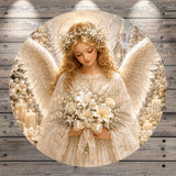 A beautiful angel with long, flowing hair and a halo is holding a bouquet of white flowers, standing in front of a snowy landscape with trees and a church in the background.