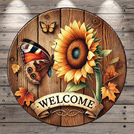 A wooden sign with a sunflower, butterfly, and leaves, along with the word "WELCOME" written on it.