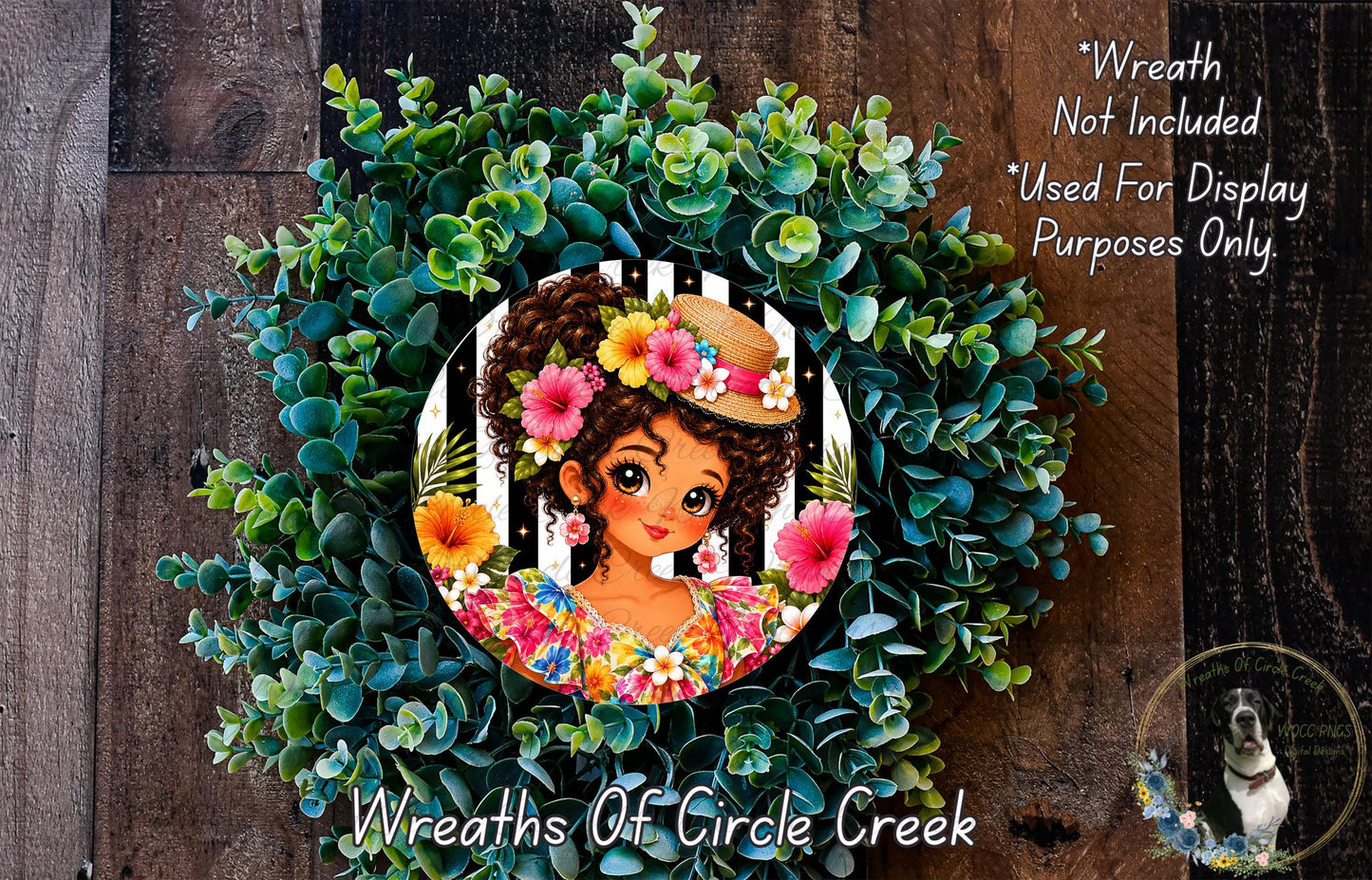 A wreath featuring a colorful illustration of a young girl with curly hair and a flower crown, surrounded by a lush green plant.