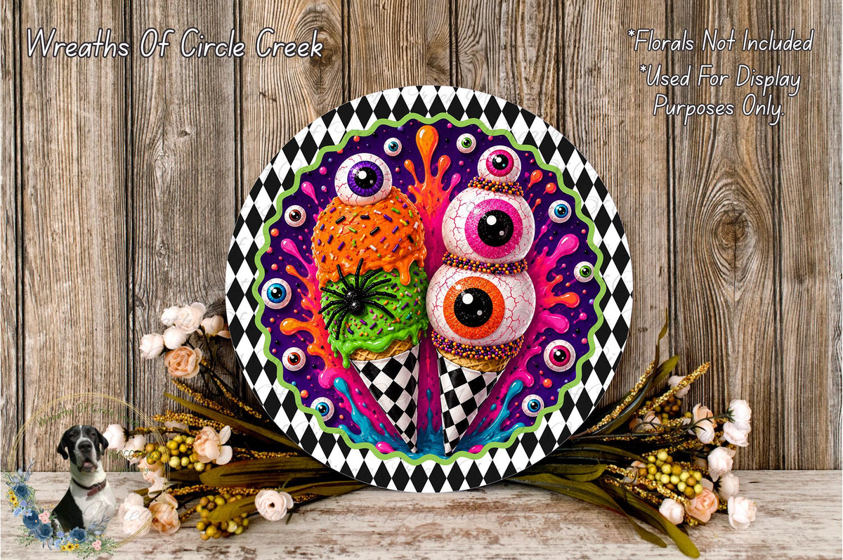 a whimsical and colorful display of two ice cream cones with large, expressive eyes, surrounded by a vibrant array of flowers and foliage.