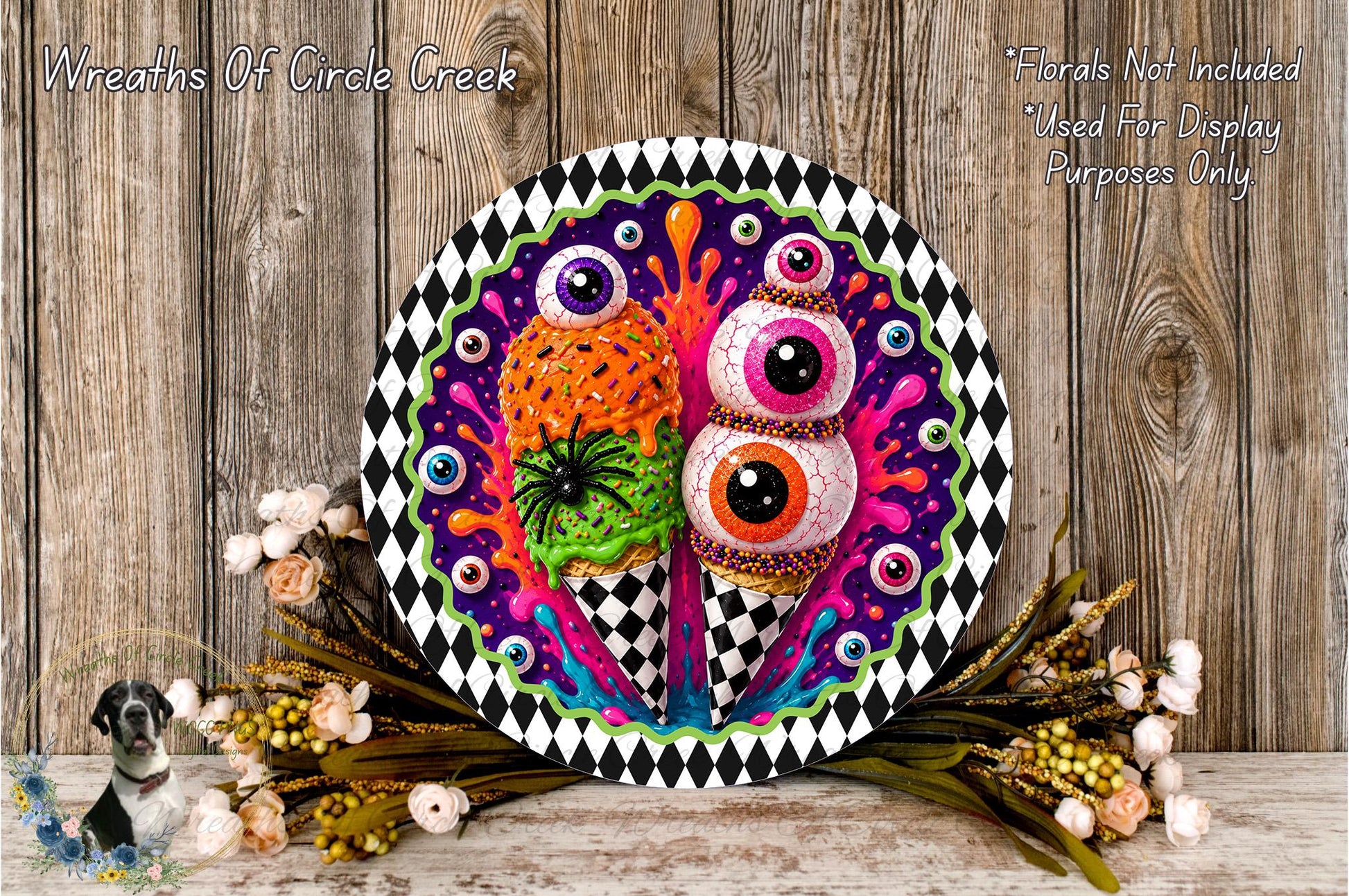 a whimsical and colorful display of two ice cream cones with large, expressive eyes, surrounded by a vibrant array of flowers and foliage.