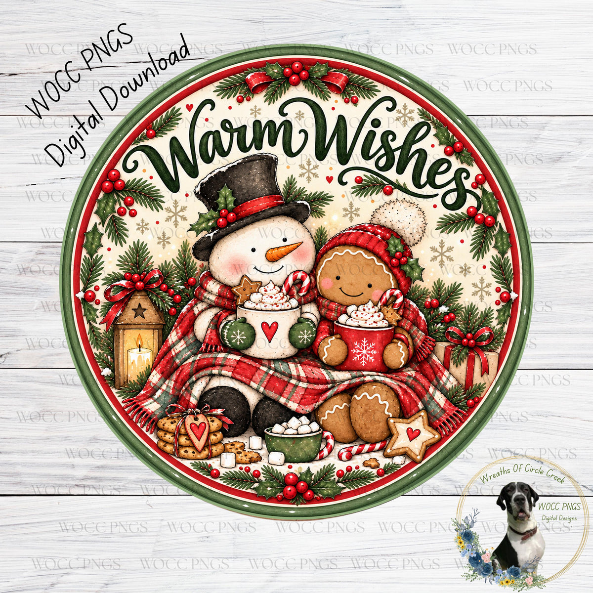 A festive Christmas-themed illustration featuring a snowman, gingerbread man, and other holiday decorations such as berries, pine branches, and a star. The text "Warm Wishes" is prominently displayed, and the image appears to be a collage of multiple smaller images.