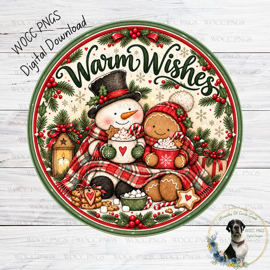 A festive Christmas-themed illustration featuring a snowman, gingerbread man, and other holiday decorations such as berries, pine branches, and a star. The text "Warm Wishes" is prominently displayed, and the image appears to be a collage of multiple smaller images.